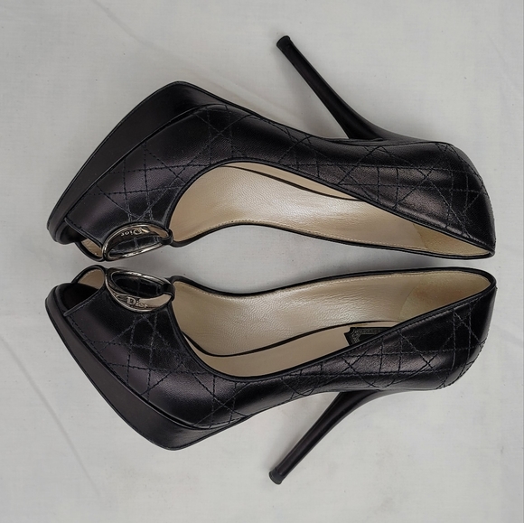 Dior O DE Black Channage Leather Platform Pep Toe Stiletto Heels Pumps 36.5 - Picture 6 of 9